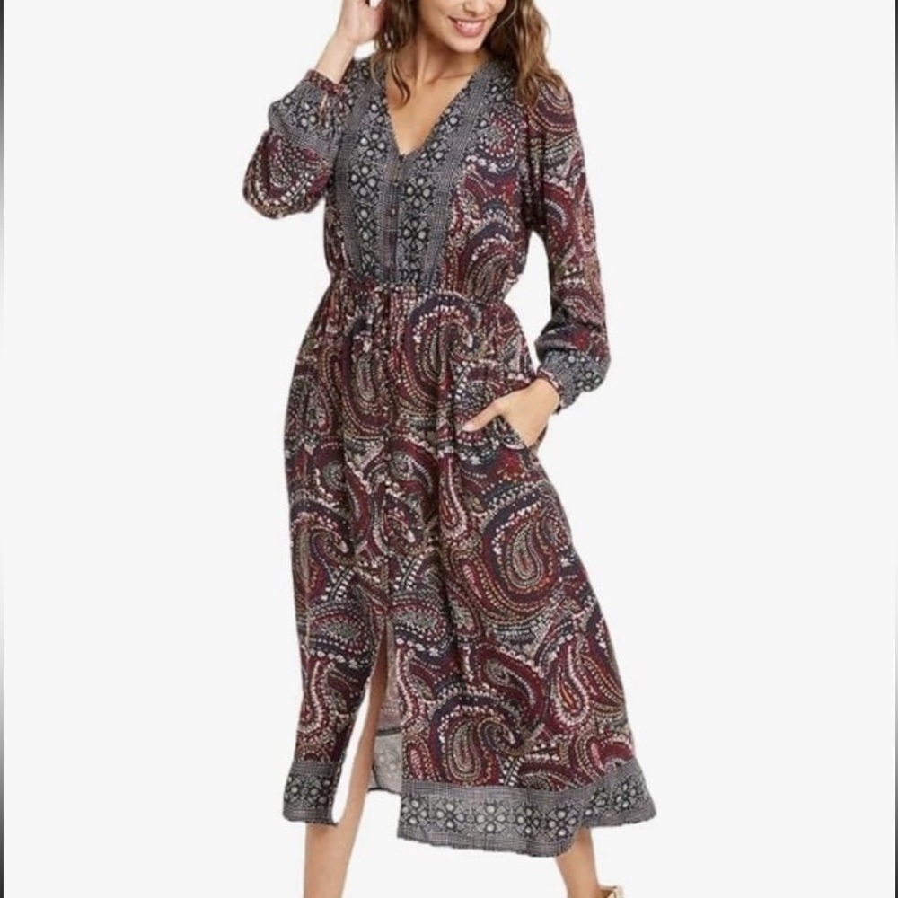 Knox Rose NWT Long Sleeve Button Front Dress Boho Night Sky midi maxi dress